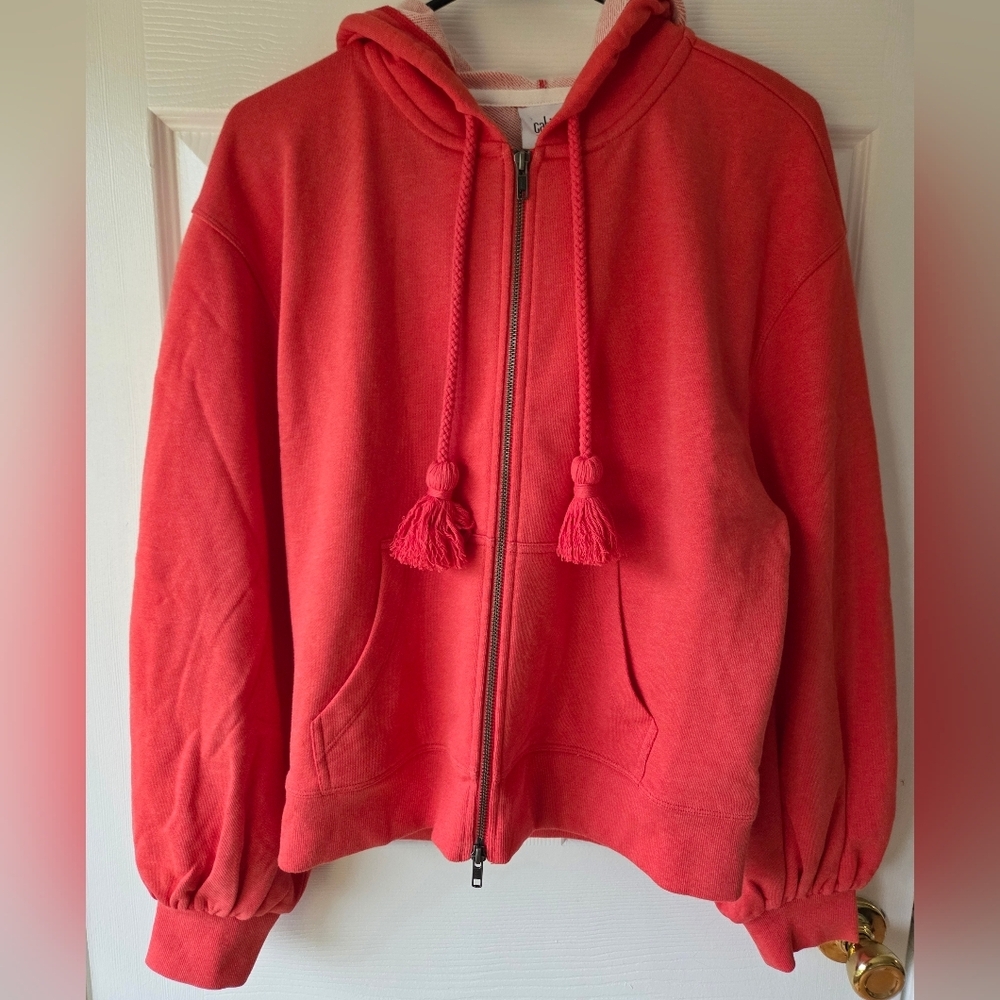 CABI Women's Deluxe Hoodie M Tangerine Coral Full Zip Tassle Drawstring - Picture 2 of 10